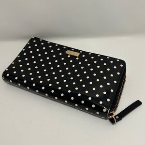 Kate Spade New York Patent Leather Polka Dot Zip Around Wallet Black and White